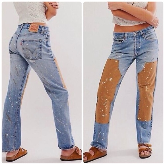 NWT Free People Tricia Fix Artisan Collab Patched Carpenter Levi’s 501 Jeans - Picture 1 of 10